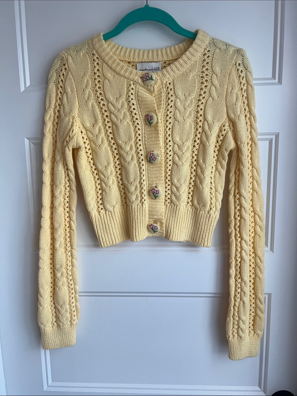 Freshman Pale Yellow Cable Knit Cropped Cardigan with Floral Buttons